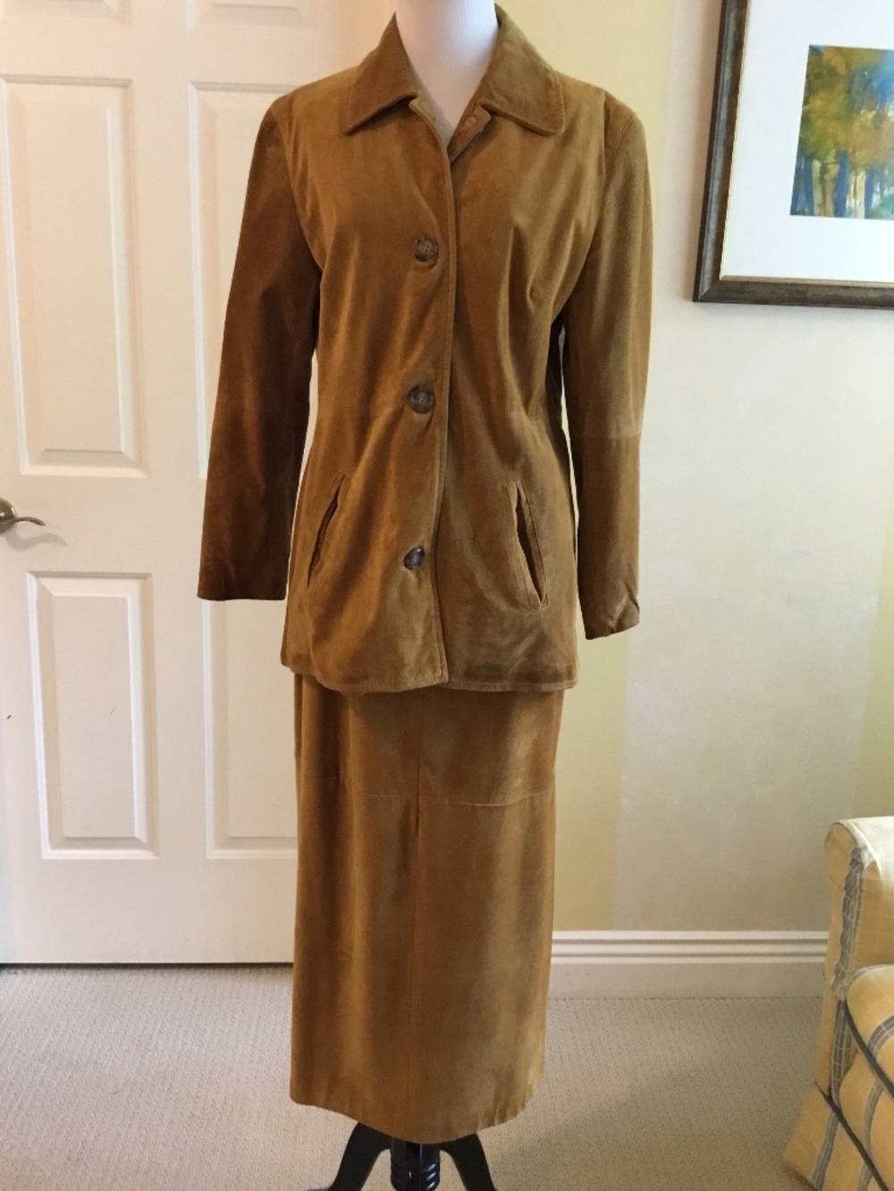 VERTE Camel Faux Suede 2-Piece Skirt Suit